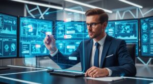 Bancario davanti a schermi digitali con dati e grafici: il lavoro in banca nell’era dell’intelligenza artificiale